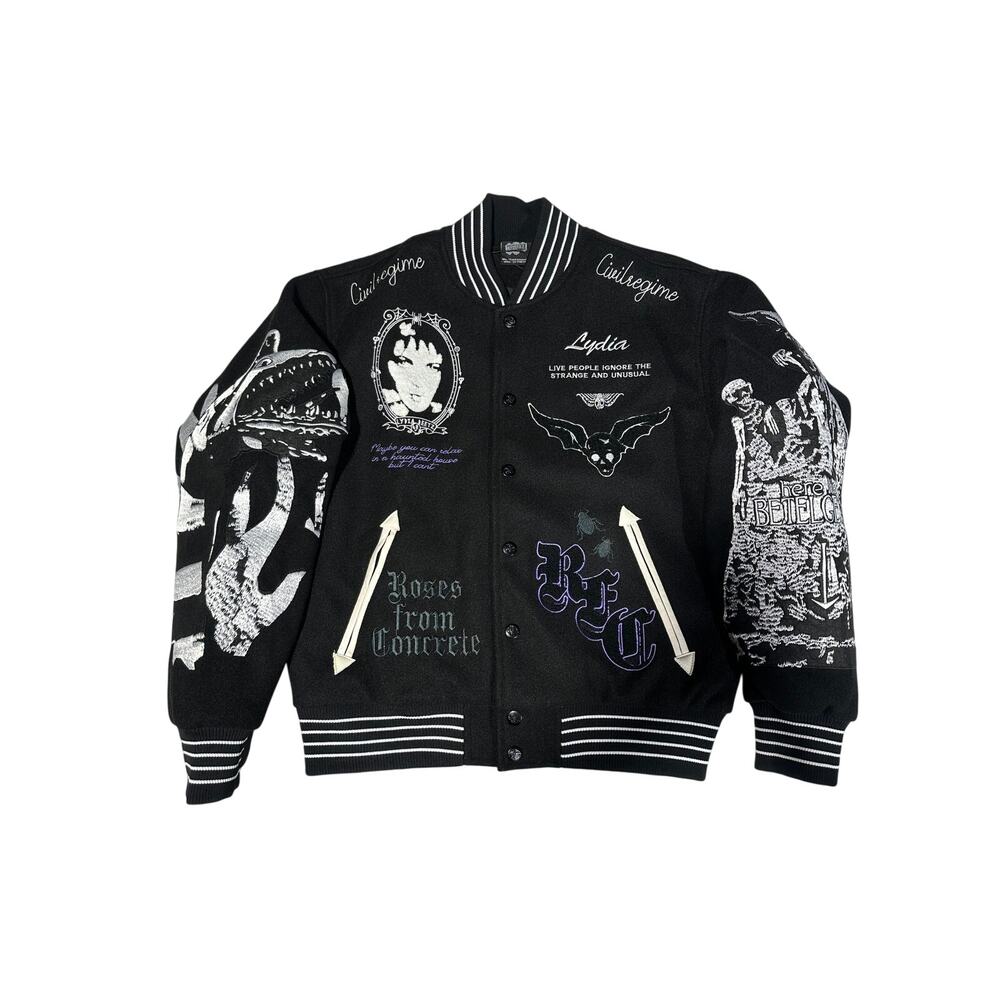 Civil Regime Varsity Jacket Black Silver Gothic Graphic Letterman NWT MEDIUM